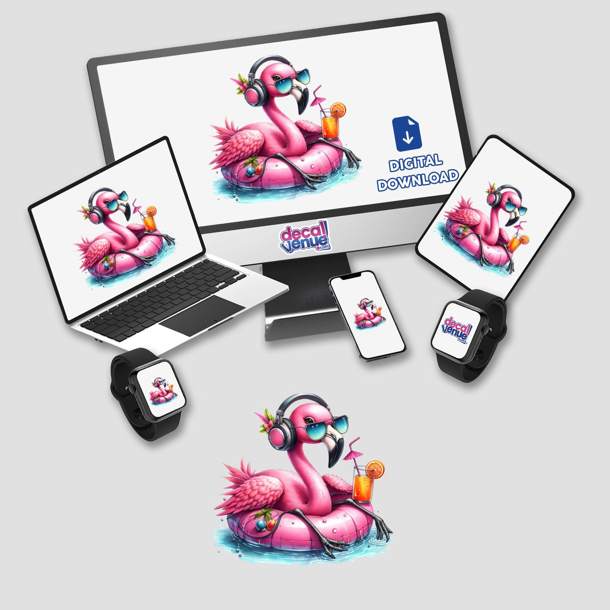 Vibrant flamingo relaxing on inflatable with headphones, digital artwork by Ella Designz for Decal Venue store