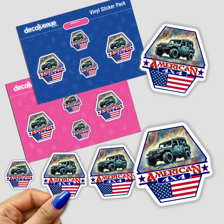 Jeep 4x4 stickers featuring detailed car illustrations, highlighted by a hand with blue nail polish displaying the product. Available as stickers or digital artwork at Decal Venue.
