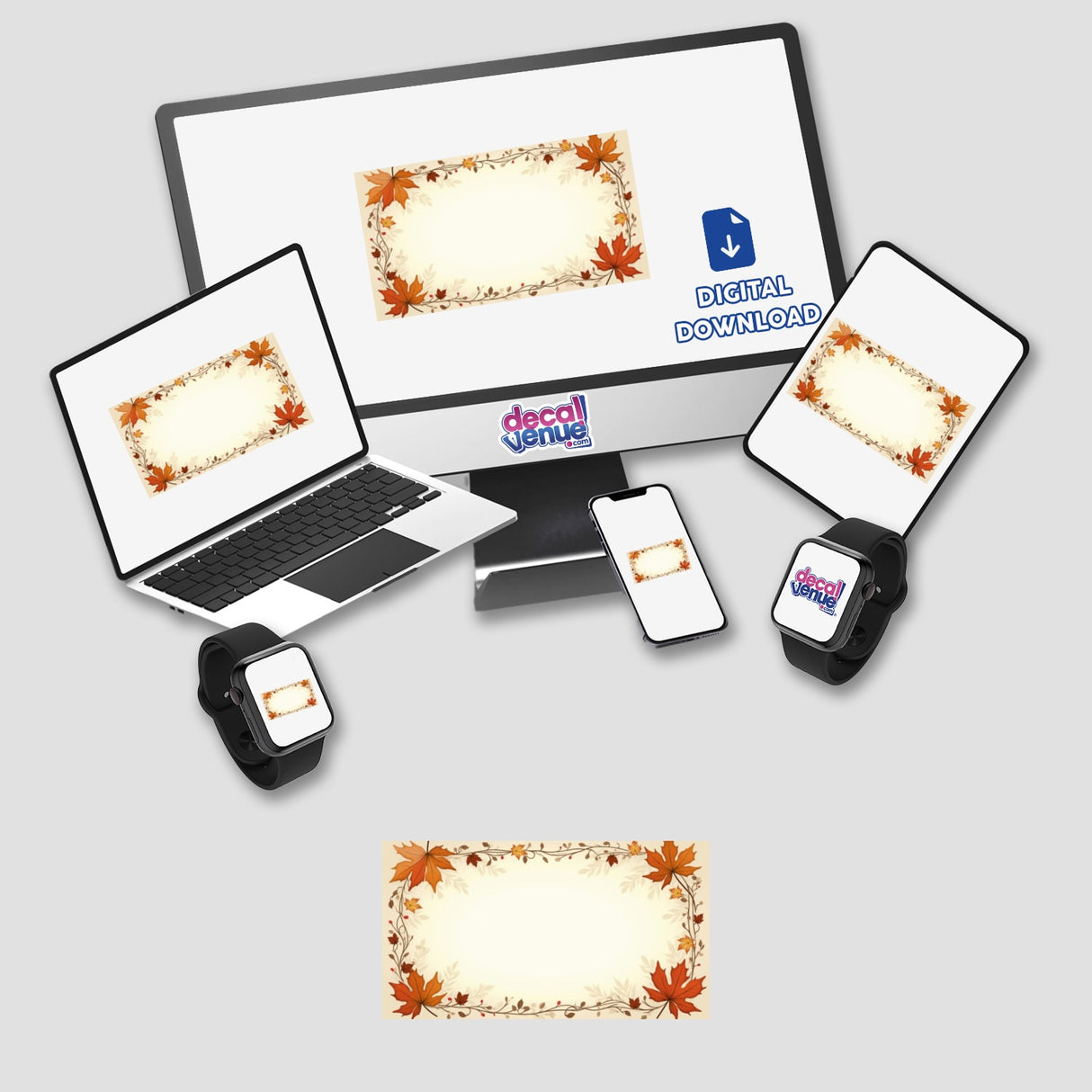 Aesthetic Fall Label Clipart featuring a blank space for quotes, displayed on a computer monitor and laptop, along with a phone screen showcasing the digital artwork available for download with commercial rights.