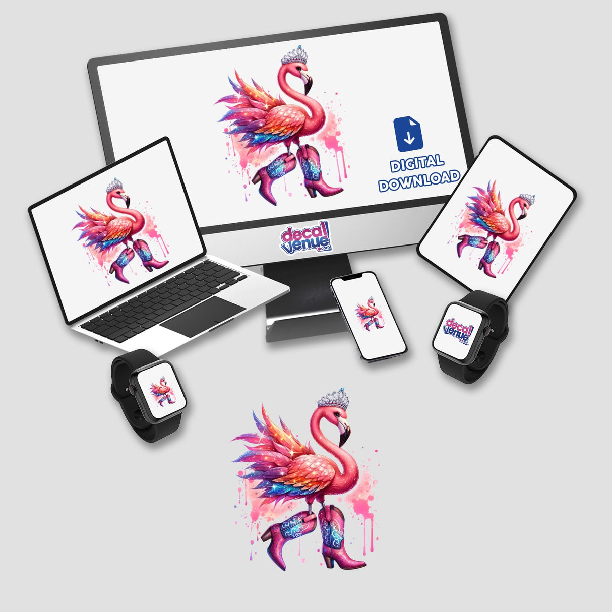 Cowboy Princess Flamingo Bird I displayed on a computer monitor and laptop screen, featuring a whimsical flamingo with a hat and boots. Available as stickers or digital artwork.