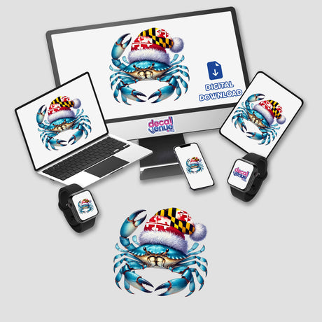 Maryland Flag Santa Blue Crab depicted on a computer screen, available as stickers or digital artwork, showcasing a cartoon crab wearing a Santa hat.