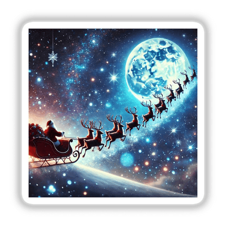 Starlit Sleigh - Santa’s Sleigh Flying Across a Starry Sky: Santa Claus rides a sleigh pulled by reindeers, soaring through a night sky. Available as stickers or digital artwork.