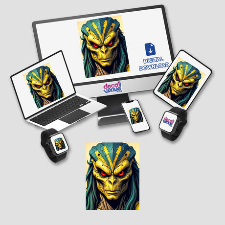 Laptop and monitor displaying 'A Cool Alien Predator Soldier' cartoon character, available as stickers or digital artwork. The design features a distinctive monster theme, fitting Decal Venue's unique art offerings.