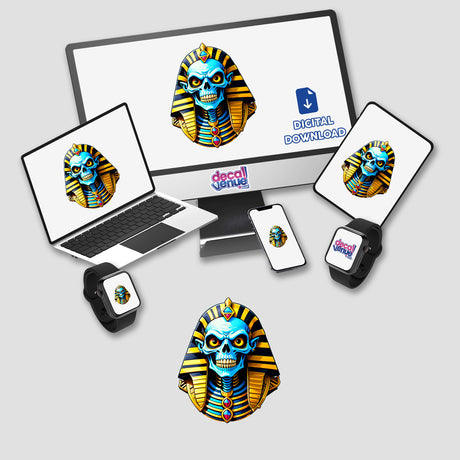 A Cool Egyptian Pharaoh Skull displayed on a computer monitor and a laptop, available as unique stickers or digital artwork from Decal Venue.