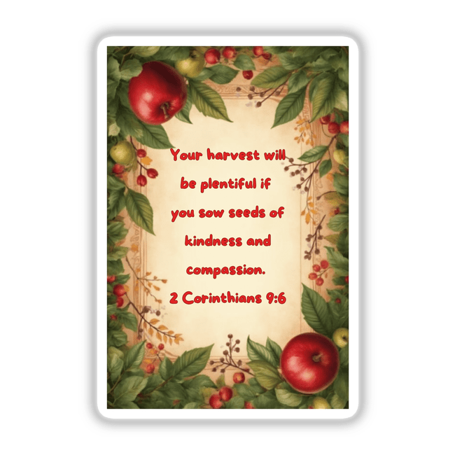 Apple Harvest Bible Verse Clipart – 2 Corinthians 9:6 – Stickers or Commercial Rights Download; red apples and green leaves frame the artwork.
