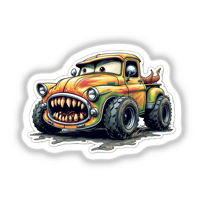Calhambeque Dentuço cartoon monster truck with big teeth, exaggerated eyes, and detailed wheels, available as stickers or digital artwork.