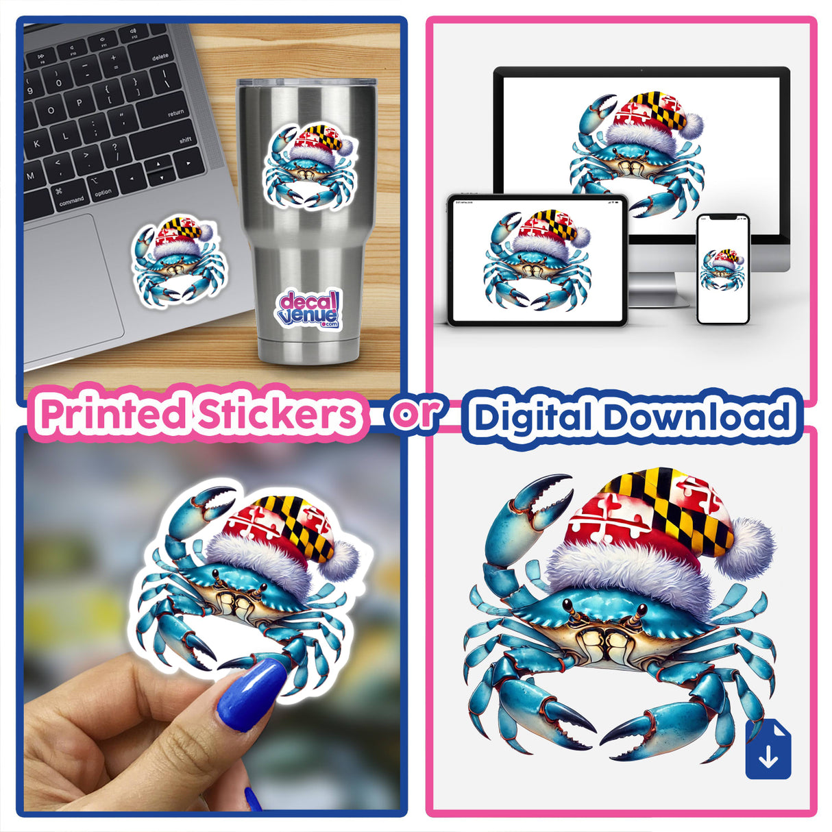 Maryland Flag Santa Blue Crab sticker features a cartoon blue crab wearing a Santa hat, perfect for laptops or digital artwork.