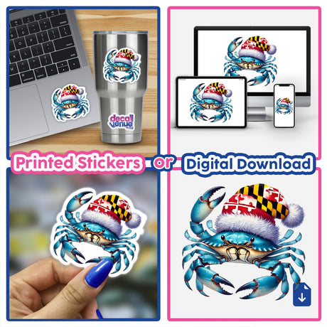 Maryland Flag Santa Blue Crab sticker features a cartoon blue crab wearing a Santa hat, perfect for laptops or digital artwork.