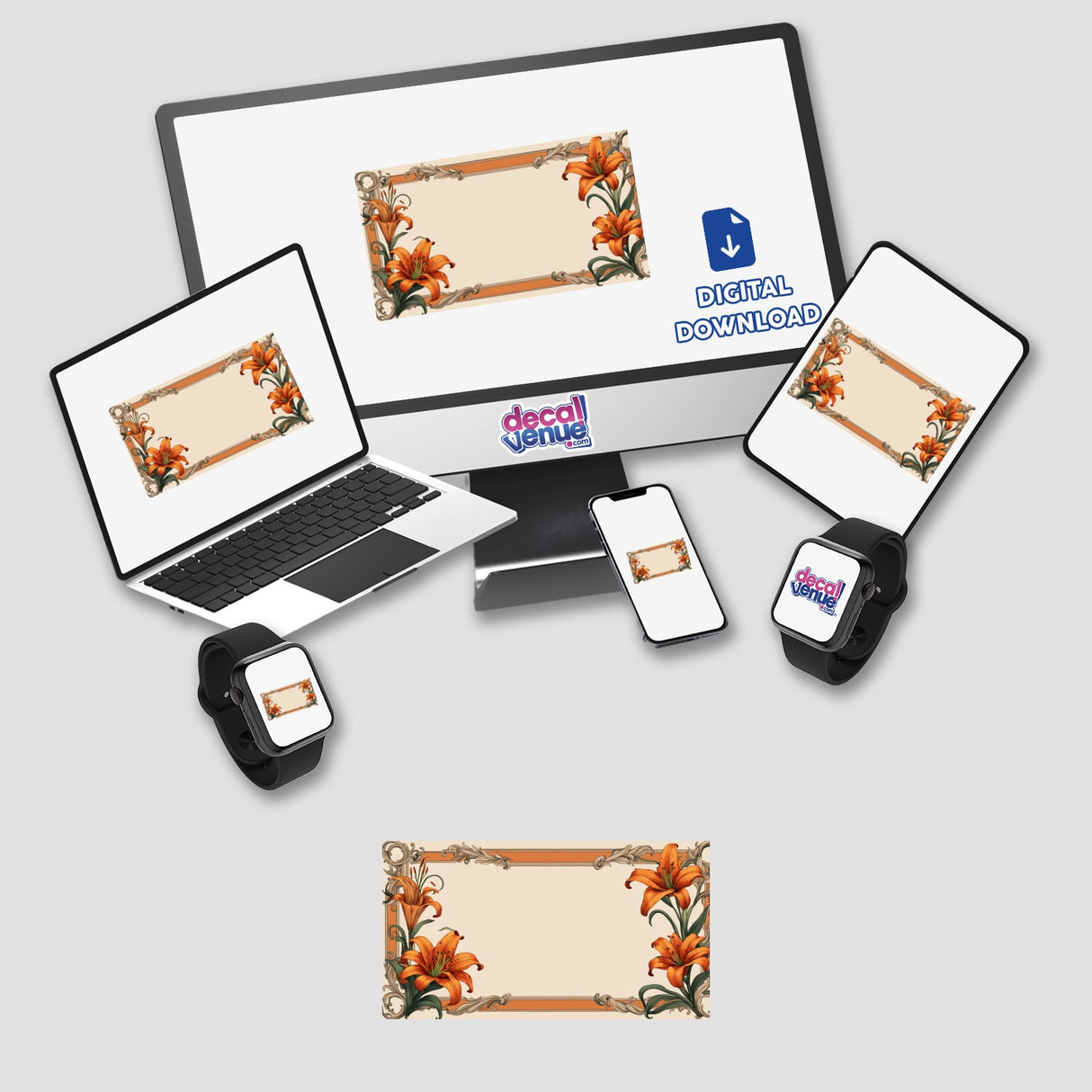 Aesthetic Floral Clipart Label featuring vibrant orange flowers on a computer monitor and laptop screen, designed for quotes; available as stickers or digital artwork with commercial rights.