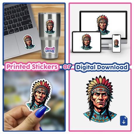 Collage of A Native American Warrior Chief stickers and digital artwork, featuring diverse applications like laptops and cups, showcasing unique designs from Decal Venue.