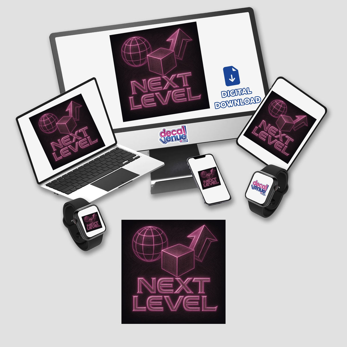Next Level Y2K Etching Sticker or Clipart featuring motivational futuristic art, ideal for commercial use. Available as stickers or digital artwork, reflecting Decal Venue's unique vinyl and digital offerings.