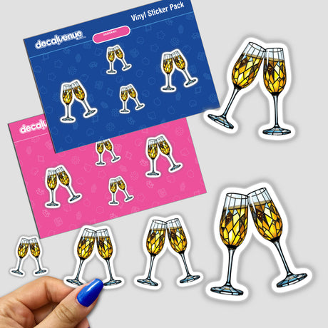 Champagne Glasses Stained Glass Art sticker pack held in hand, featuring cartoon-style illustrations of wine glasses, available as stickers or digital artwork from Decal Venue.