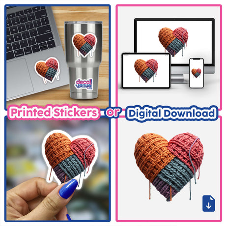 Knitted Yarn Heart sticker collage featuring heart motifs, including a heart on a laptop and cup. Available as stickers or digital artwork from Decal Venue's unique collection.