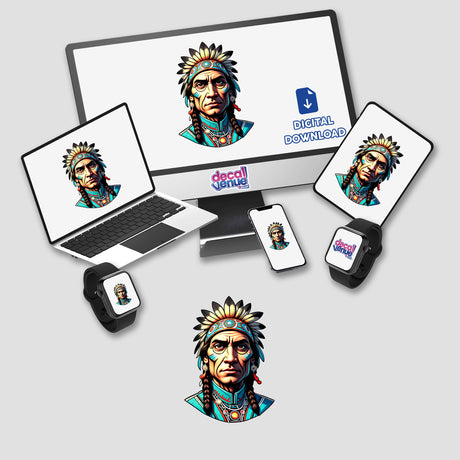 Native American Warrior Chief illustration displayed on a computer monitor and laptop, available as stickers or digital artwork from Decal Venue.
