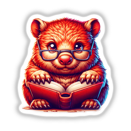 Wombat With Reading Glasses Open Book: A cartoon illustration of a wombat wearing glasses, engrossed in an open book. Available as stickers or digital artwork from Decal Venue.