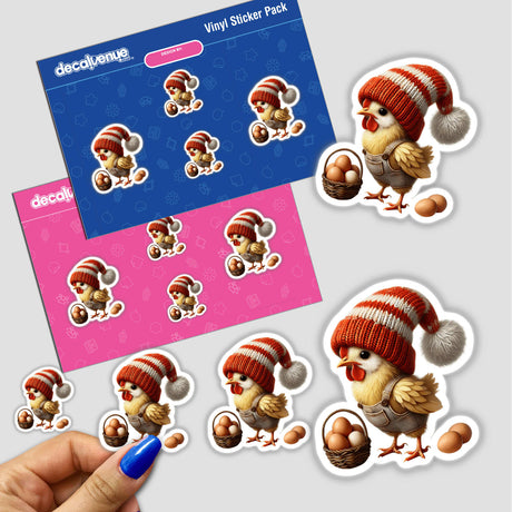 Chicken Gnome Basket of Eggs stickers featuring cartoon chickens in hats and overalls, some holding baskets of eggs. Available as Stickers or Digital Artwork.