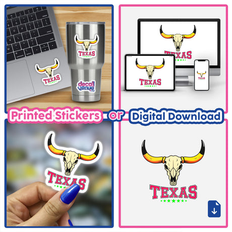 Texas USA Skull Design sticker collage featuring bull and cow skull illustrations on a laptop, emphasizing unique vinyl artwork. Available as stickers or digital art from Decal Venue.