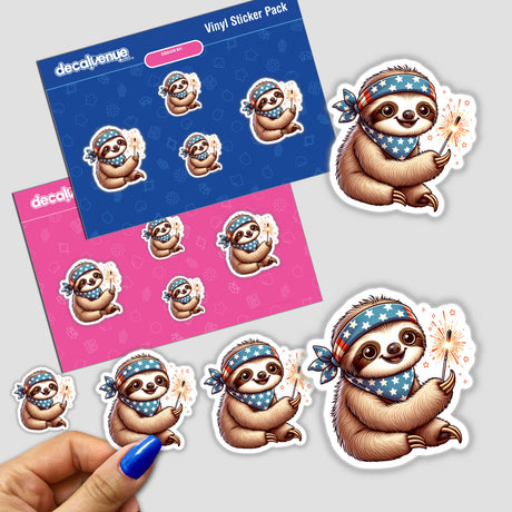 Patriotic Sloth Wearing Bandana Holding Sparkler