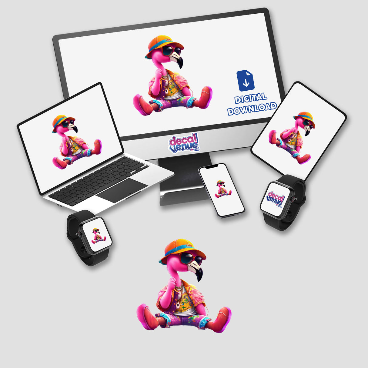 Trendy Flamingo Sitting Pretty sticker featuring a pink flamingo cartoon wearing a hat and sunglasses, displayed on various devices like laptops and smartwatches.