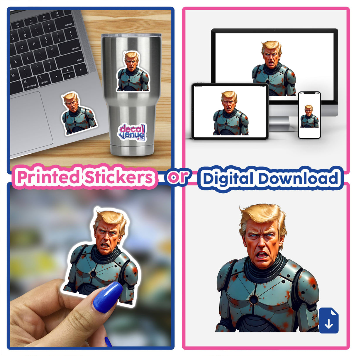 Futuristic President Donald Trump collage features a man in a robot suit, digital artwork on a laptop, and stickers, highlighting unique vinyl designs from Decal Venue.