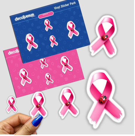 Ladybug Pink Ribbon Breast Cancer-3 design features ladybugs on pink ribbons, available as stickers or digital artwork, embodying unique vinyl artistry from Decal Venue.