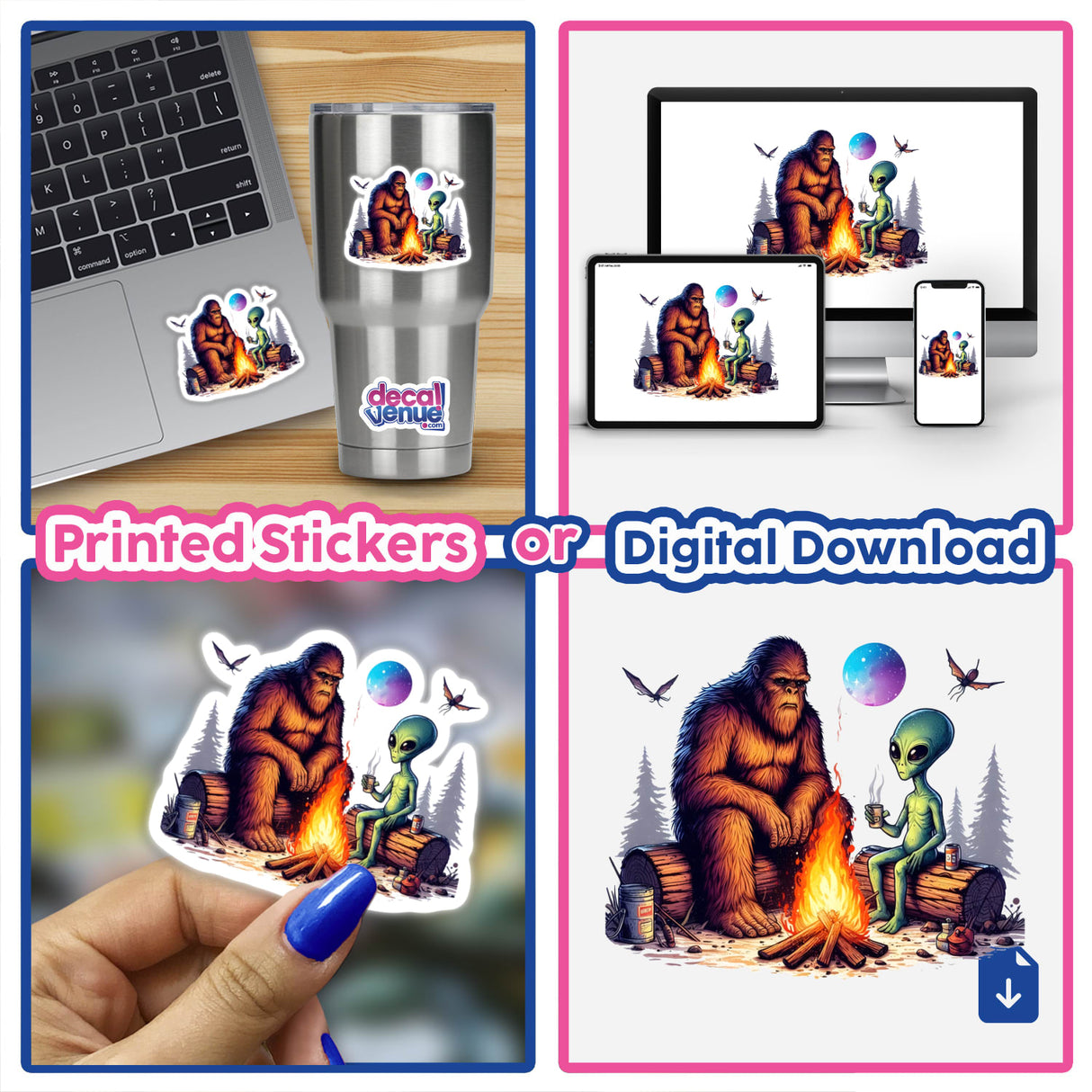 Sasquatch and Alien Around Camp Fire Camping: Collage featuring a laptop with a sticker depicting a cartoon alien and Bigfoot sitting on a log, available as stickers or digital artwork.