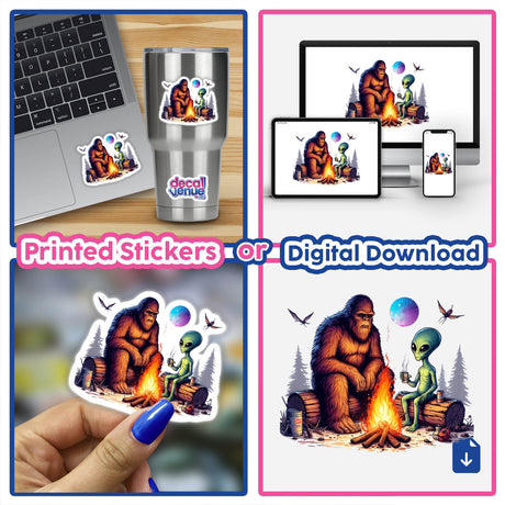 Sasquatch and Alien Around Camp Fire Camping: Collage featuring a laptop with a sticker depicting a cartoon alien and Bigfoot sitting on a log, available as stickers or digital artwork.