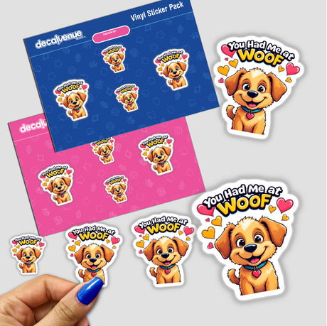 Puppy Love stickers featuring cartoon dogs, shown with envelopes and a hand holding a sticker, available as physical stickers or digital artwork from Decal Venue.