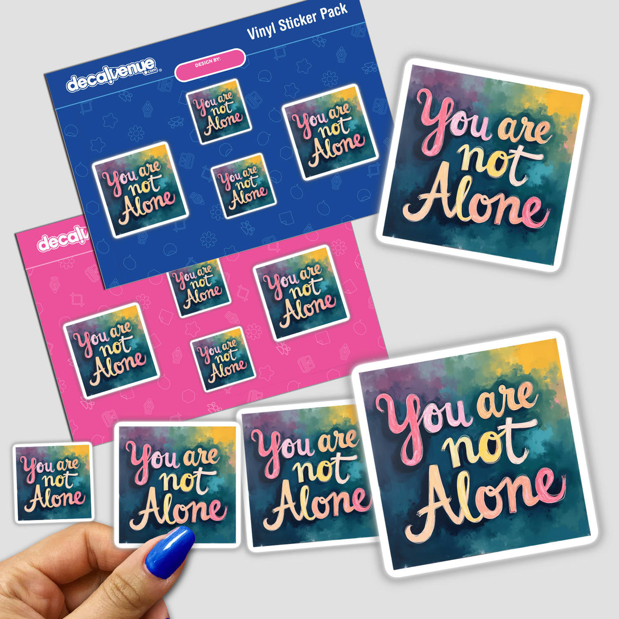 You Are Not Alone - Genesis 28:15 Christian Sticker held by a hand, showcasing comforting Bible verse clipart available as stickers or digital artwork with commercial rights.
