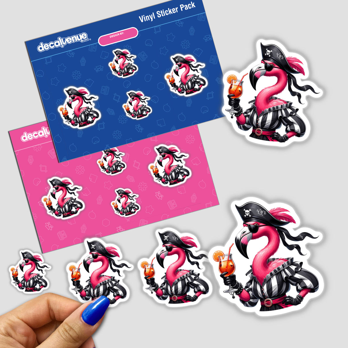 Vibrant pirate flamingo stickers and digital artwork on a product package from the Decal Venue store, showcasing a bold and whimsical design with the flamingo wearing a pirate outfit and accessories.