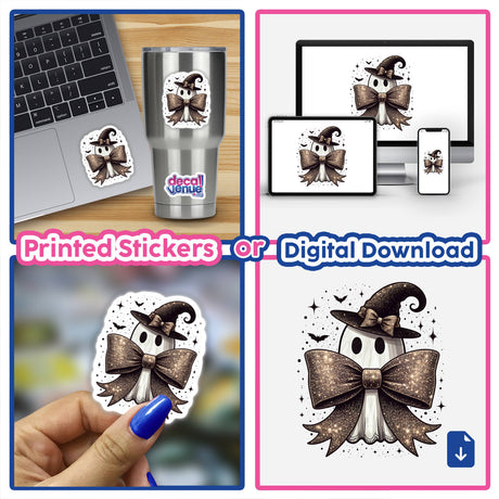 A collage featuring the Cute Ghost w/ Glitter Coquette Bow stickers on laptops, cups, and phones, showcasing various playful uses of the cartoon ghost design.