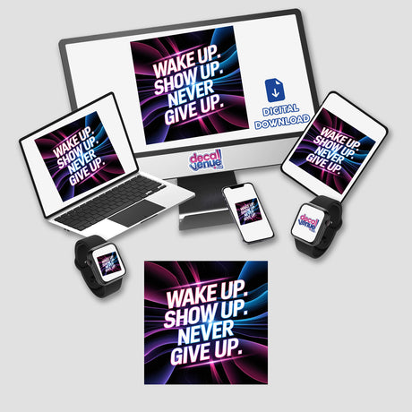 Wake up. Show up. Never give up stickers and digital artwork featuring electronic devices, including a laptop, tablet, and smartphone, showcasing motivational messages for tech enthusiasts.