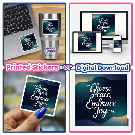 Collage featuring 'Choose Peace, Embrace Joy' stickers and digital downloads, showcasing a laptop adorned with a sticker, highlighting the unique vinyl art from Decal Venue.