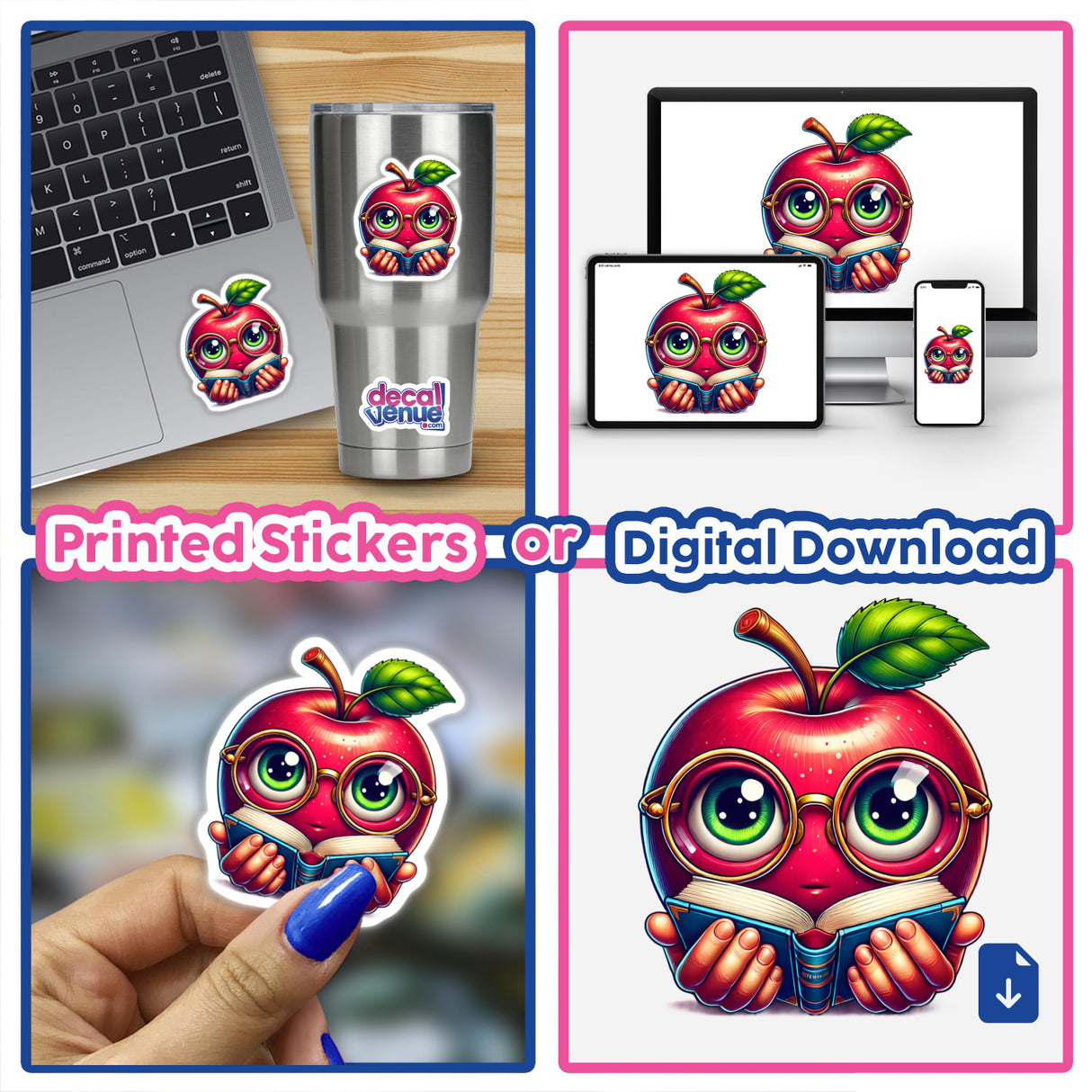 Apple in Reading Glasses with Book stickers or digital art, featuring a cartoon apple with glasses reading a book.