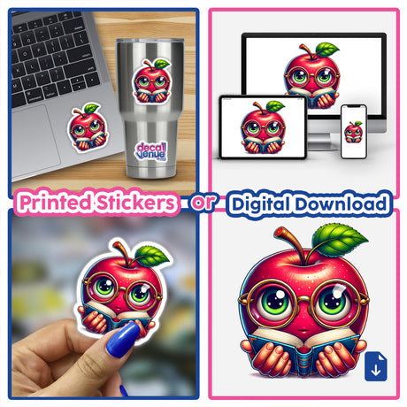 Apple in Reading Glasses with Book stickers or digital art, featuring a cartoon apple with glasses reading a book.