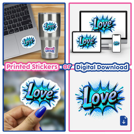 Collage of laptops with Love Valentine's Day stickers; a person holds one, showcasing Decal Venue's unique sticker collection. Available as both stickers and digital artwork.