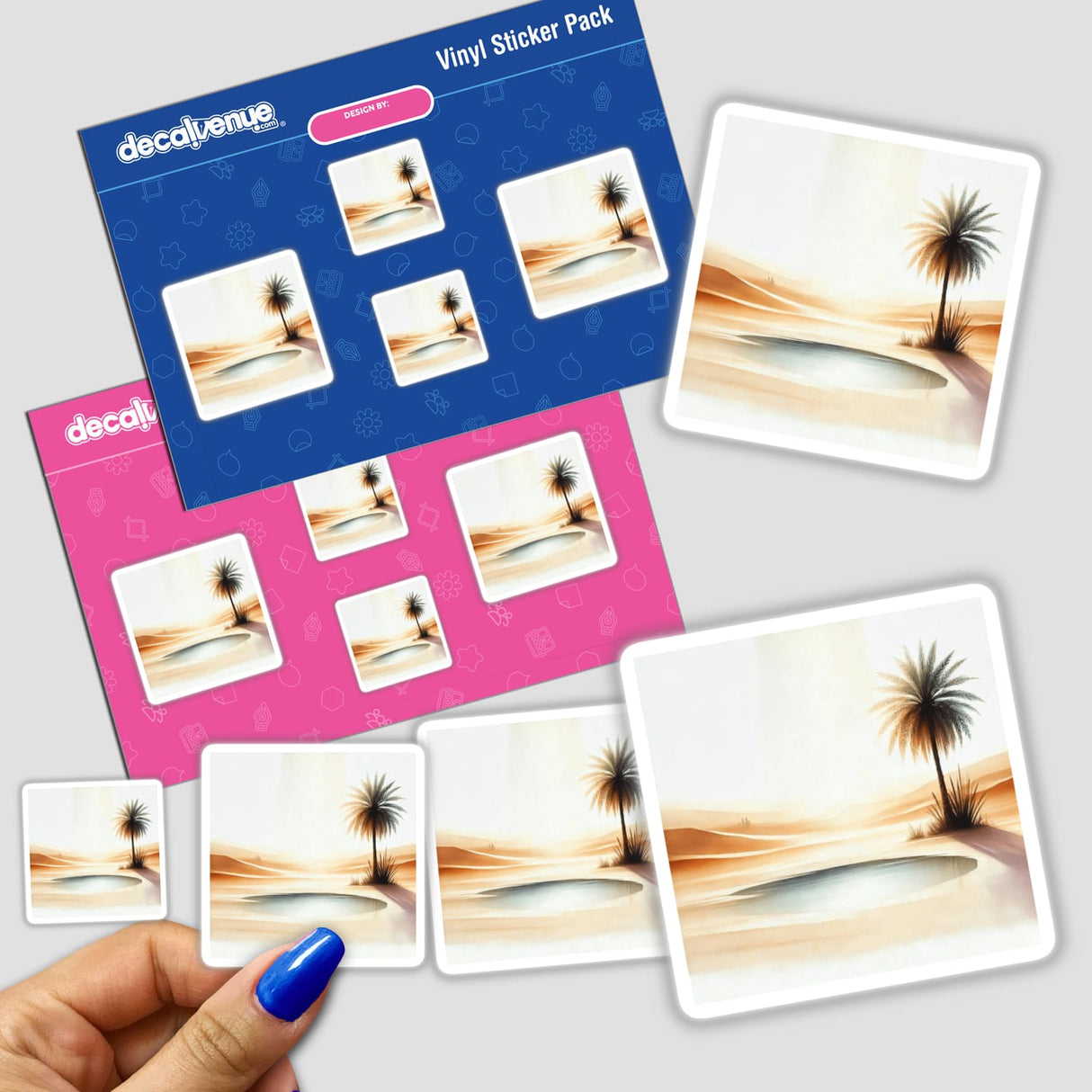 A hand holding a sticker pack titled Desert Oasis - Serene Boho Watercolor Scene featuring palm trees and desert landscapes.