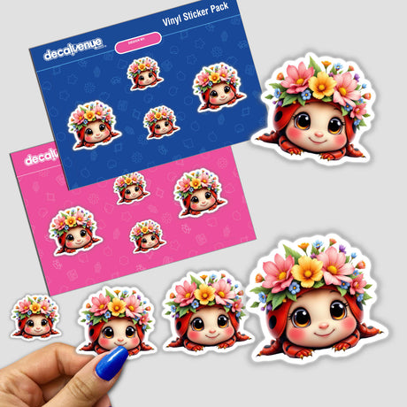 Adorable Ladybug with a Spring Flower Crown sticker held in hand, featuring a cartoon ladybug adorned with flowers, perfect for decorating and enhancing creative projects.