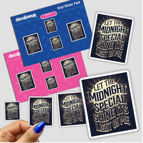 Hand holding The Midnight Special Vintage Typography Design Sticker or Clipart with Commercial Rights, showcasing intricate vintage typography, available as stickers or digital artwork from Decal Venue.