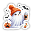 Cute Halloween ghost with pumpkin, coffee, and bats