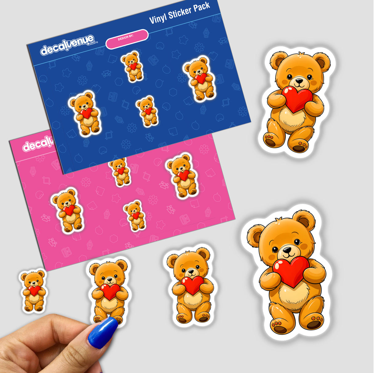 Cute Valentine's Day Teddy Bear stickers featuring cartoon teddy bears holding hearts, available as stickers or digital artwork. Perfect for decorating or gifting, reflecting Decal Venue's unique sticker and digital art collection.