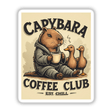 Capybara Coffee Club Sticker or Clipart features a cute cartoon capybara holding a coffee cup, accompanied by ducks. Available as stickers or digital artwork with commercial rights.