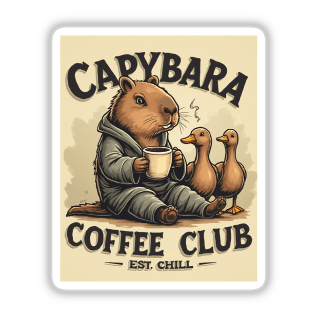 Capybara Coffee Club Sticker or Clipart features a cute cartoon capybara holding a coffee cup, accompanied by ducks. Available as stickers or digital artwork with commercial rights.