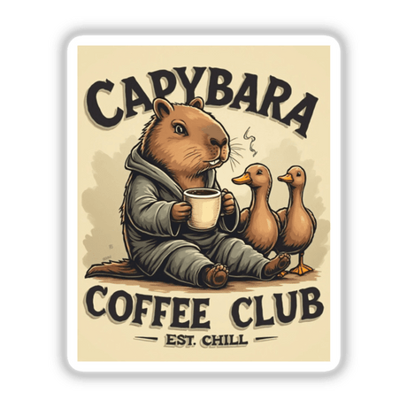 Capybara Coffee Club Sticker or Clipart features a cute cartoon capybara holding a coffee cup, accompanied by ducks. Available as stickers or digital artwork with commercial rights.