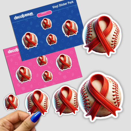 Baseball Red Ribbon AIDS Awareness stickers featuring baseballs adorned with red ribbons, available as unique vinyl stickers or digital artwork, symbolizing support and awareness.