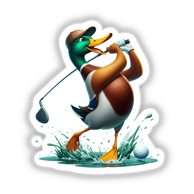 Silly Face Mallard Duck Golfer cartoon holding a golf club, available as stickers or digital artwork.