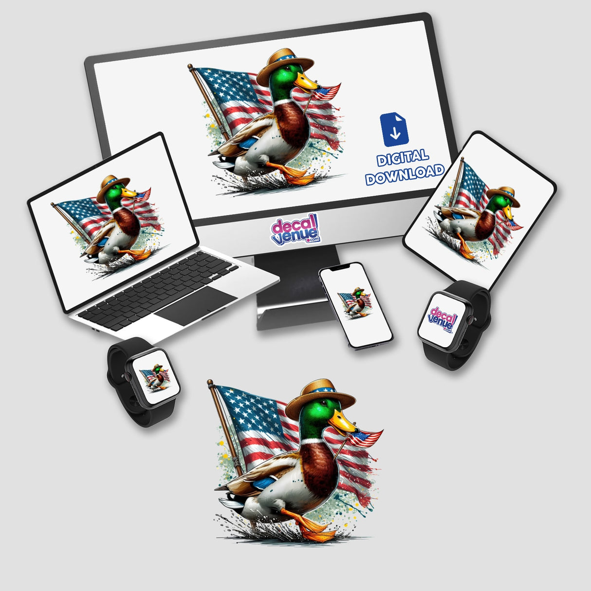 Mallard Duck American Flag Parade artwork with a duck wearing a hat and holding a flag, displayed on a laptop and monitor, available as stickers or digital artwork.