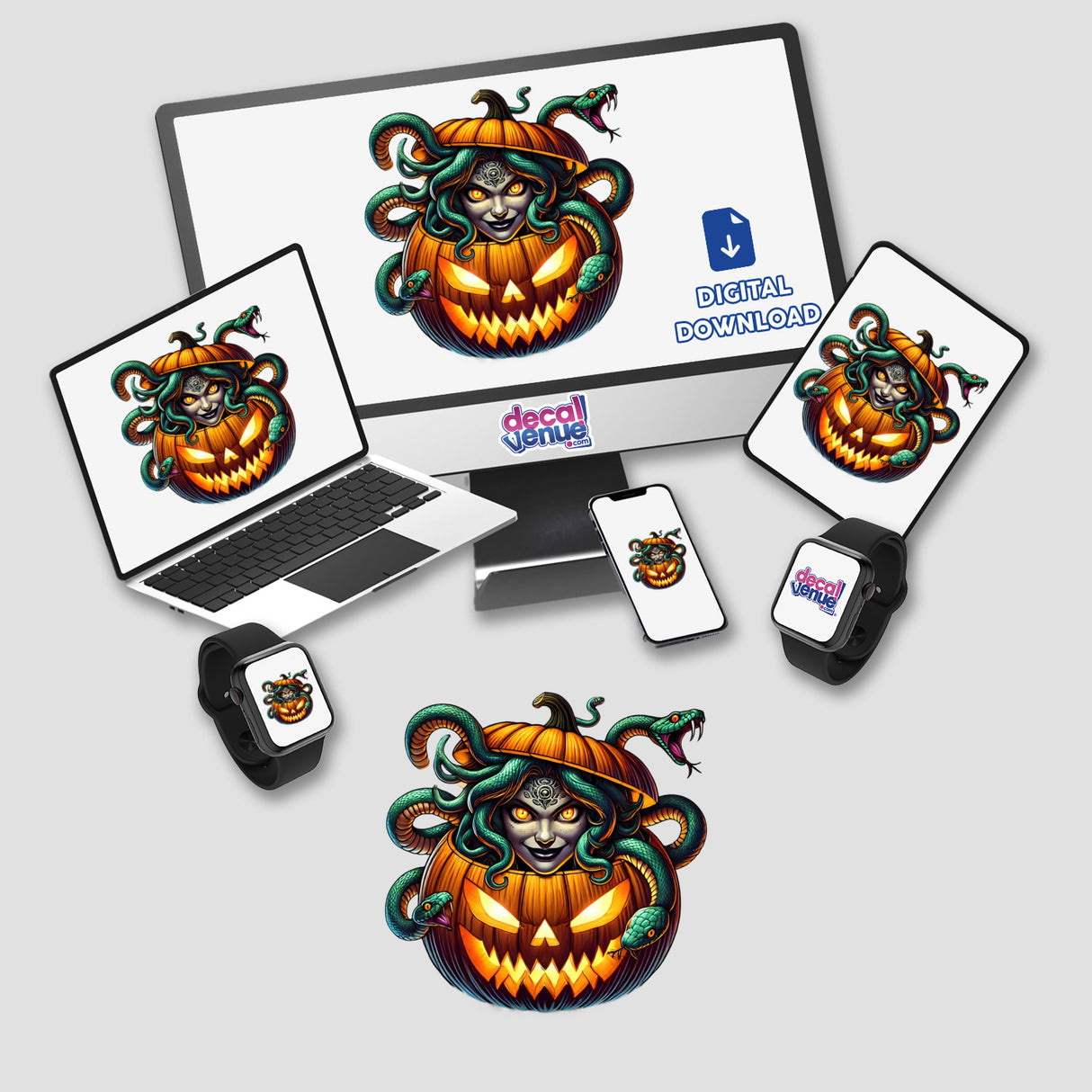 Colorful medusa figure peeking out of spooky jack-o-lantern pumpkin, digital artwork from Decal Venue store, featuring stickers and graphics for Halloween decoration.