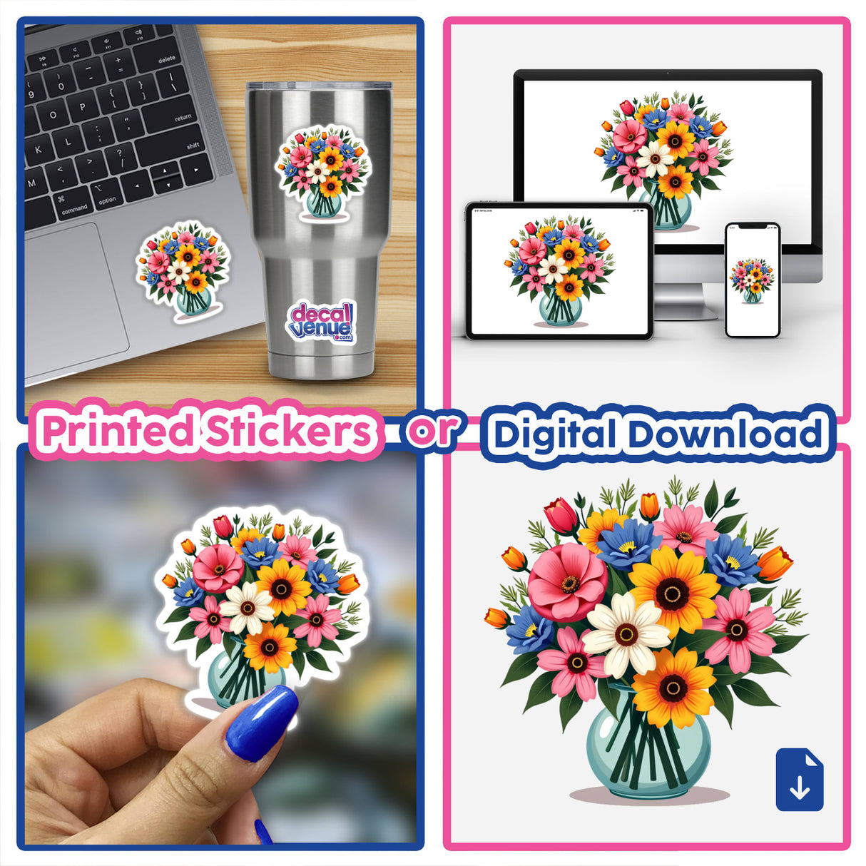 Vibrant Flower Bouquet Clipart: collage of laptops and flowers, including close-ups of bouquets in vases, available as stickers or digital artwork for commercial use.