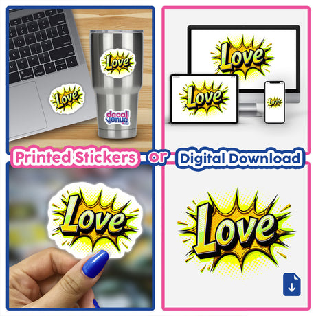 Collage featuring Love Valentine's Day stickers, showcasing diverse designs suitable for decorating laptops or as digital artwork, reflecting Decal Venue's unique collection of stickers and digital art.